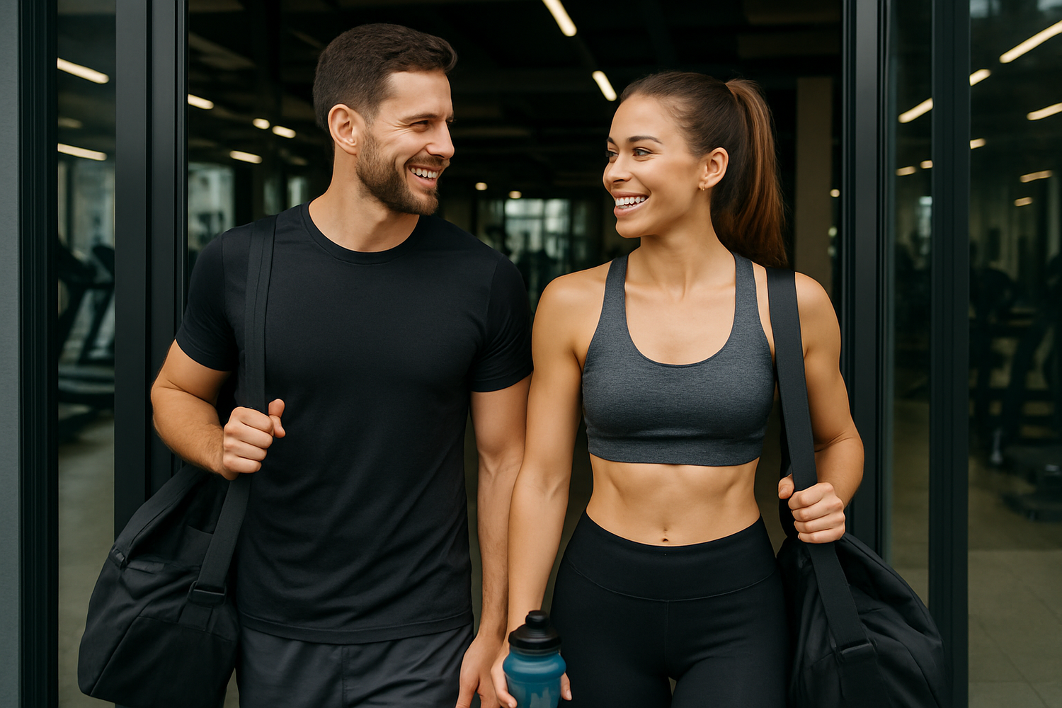 Couple coming out from the gym room after their training session. They are talking to each other