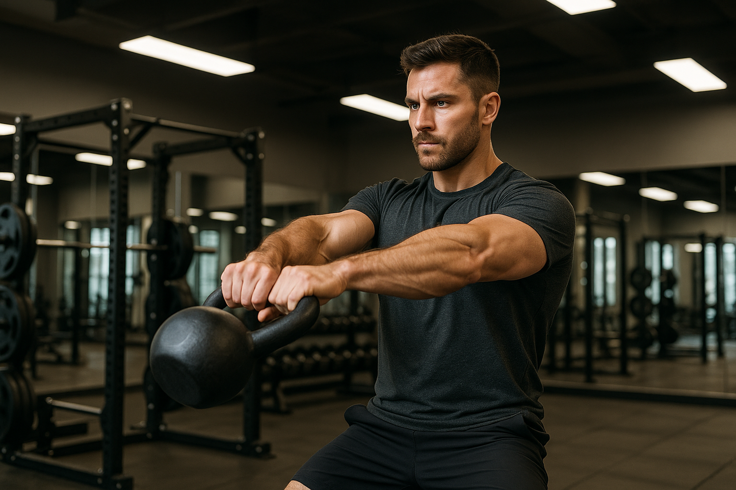 man training with kettlebell in a gym