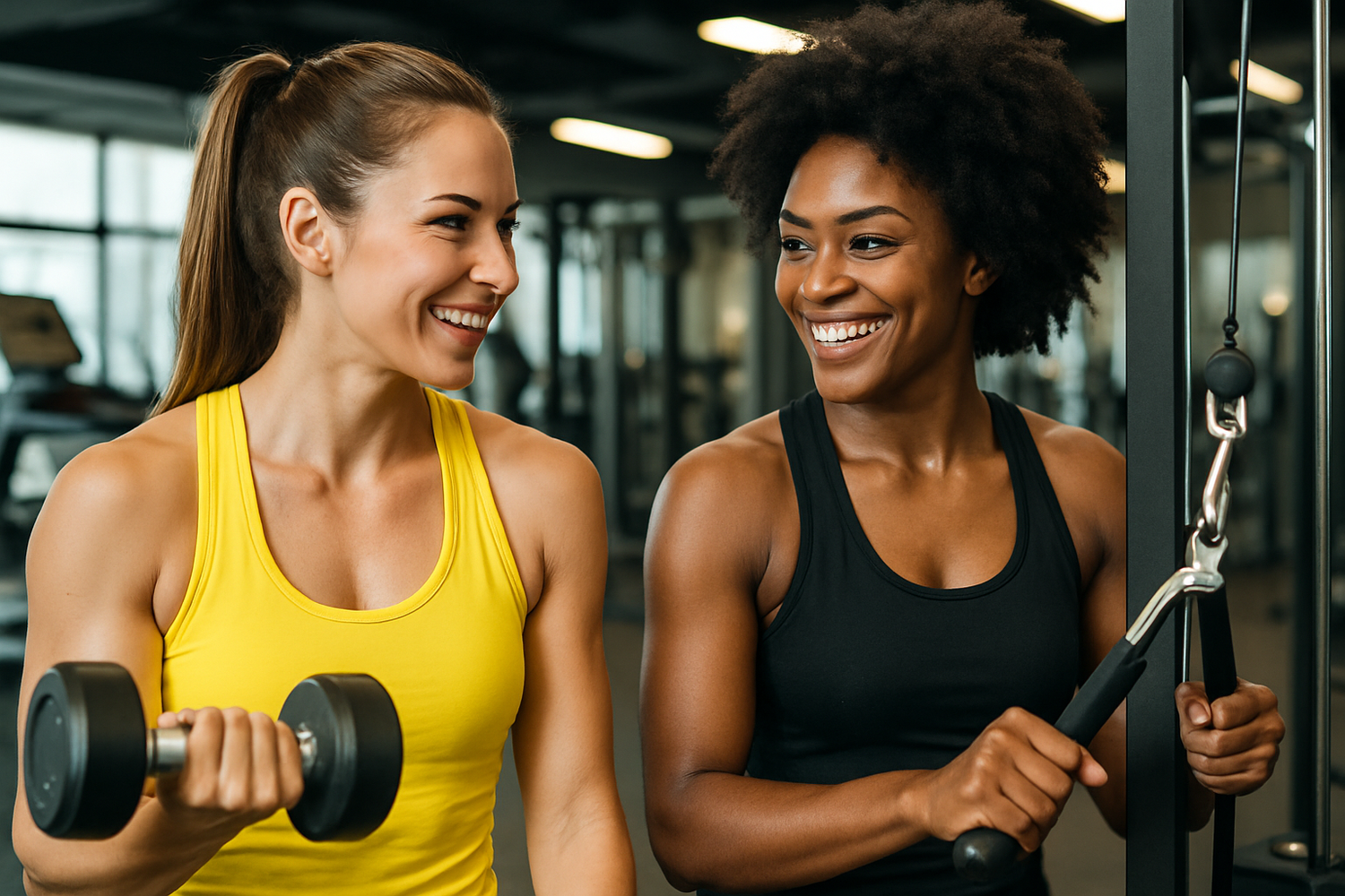 two girls of different ethnicies training together at the gym. One of them needs to have a piece of clothing in yellow