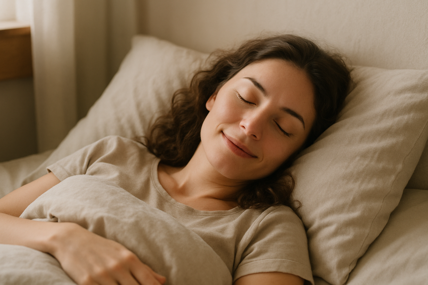 woman in bed with her head on pillow with a relaxed and resting face 
